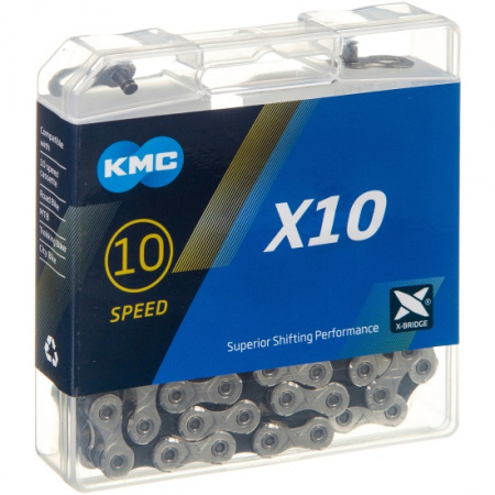 Цепь "KMC" Х10, 116 зв., цвет. коробка, с замком, для 10ск. велосипедов. / 3202639-10